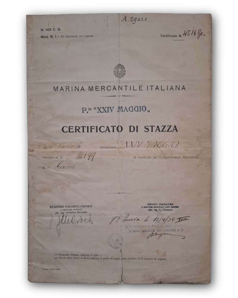 Italian tonnage certificate (Certificato di Stazza) of the steamship XXIV Maggio, front page