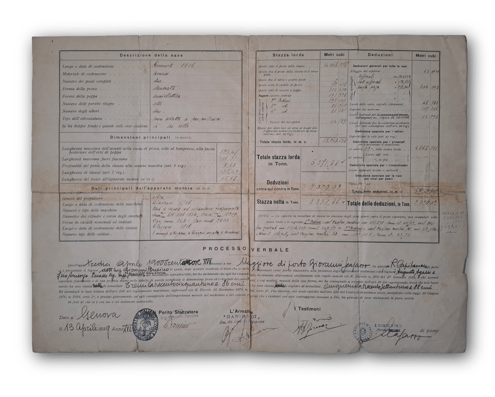 Tonnage certificate of the steamship XXIV Maggio, opened, with stamps and signatures