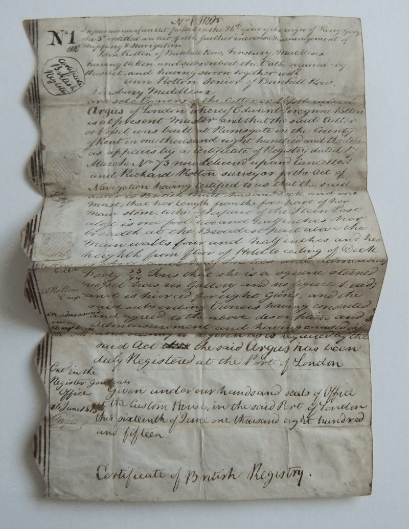 Argus Certificate of British Registry recto