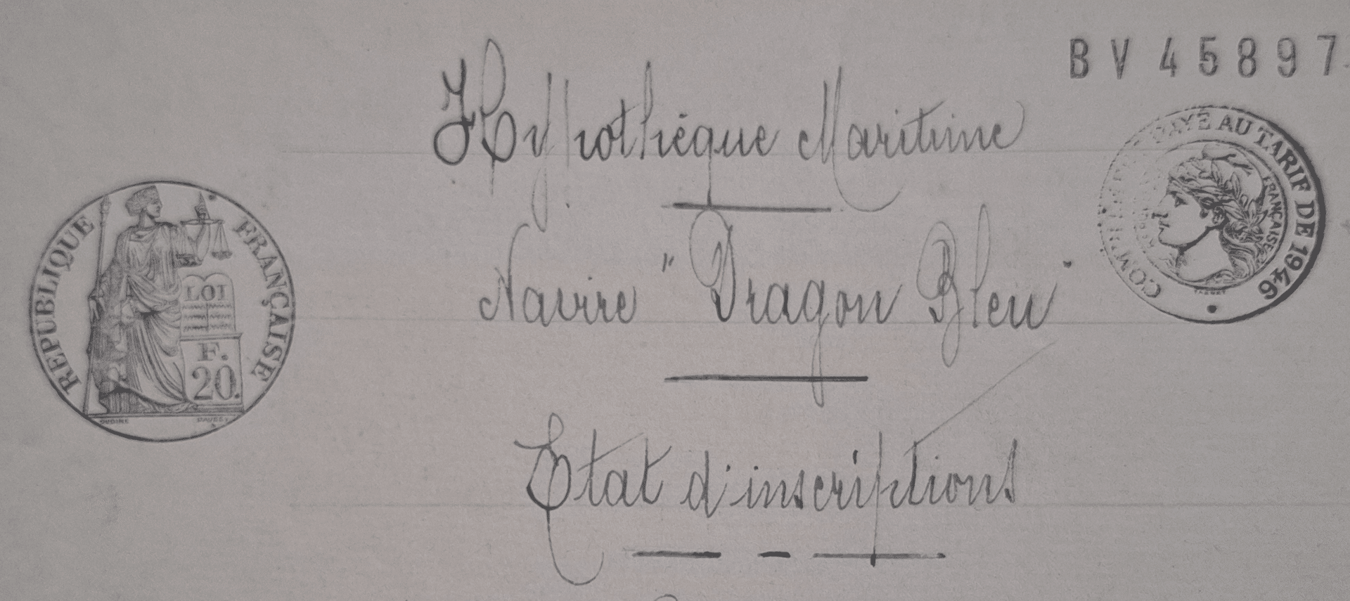 Cover of the Bordeaux mortgage register for the trawler Dragon Bleu, with stamps