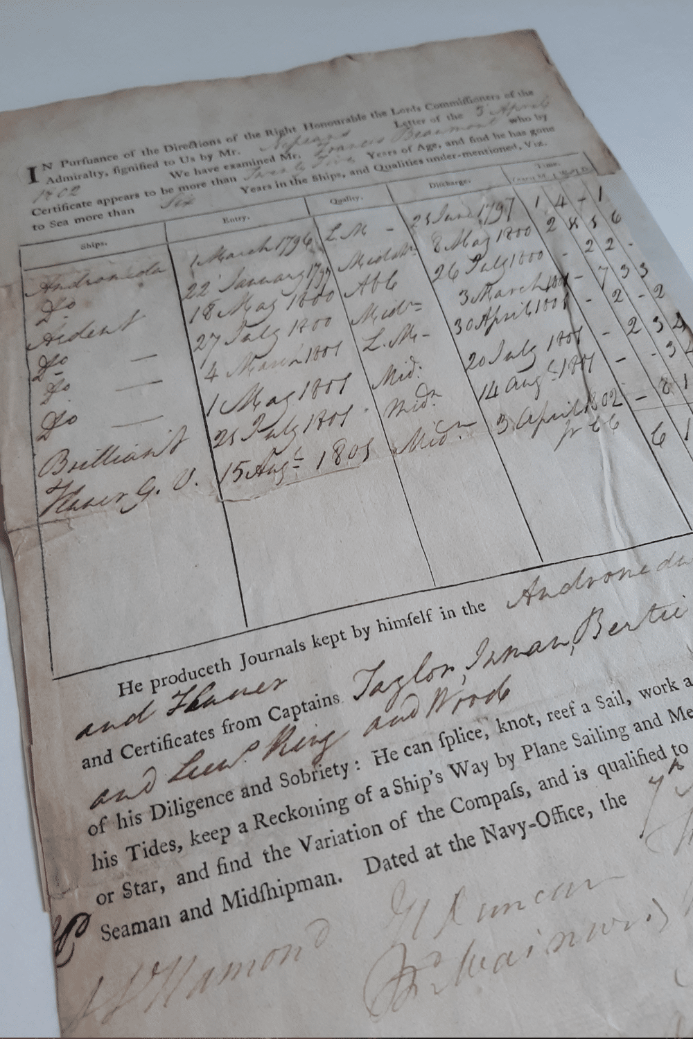 Royal Navy mariner's certificate of Francis Beaumont, 1802