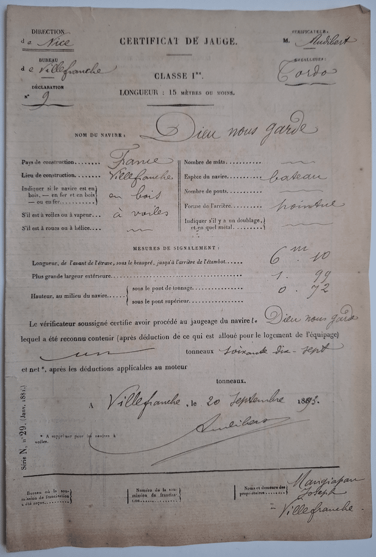 Front of the 1893 French tonnage certificate