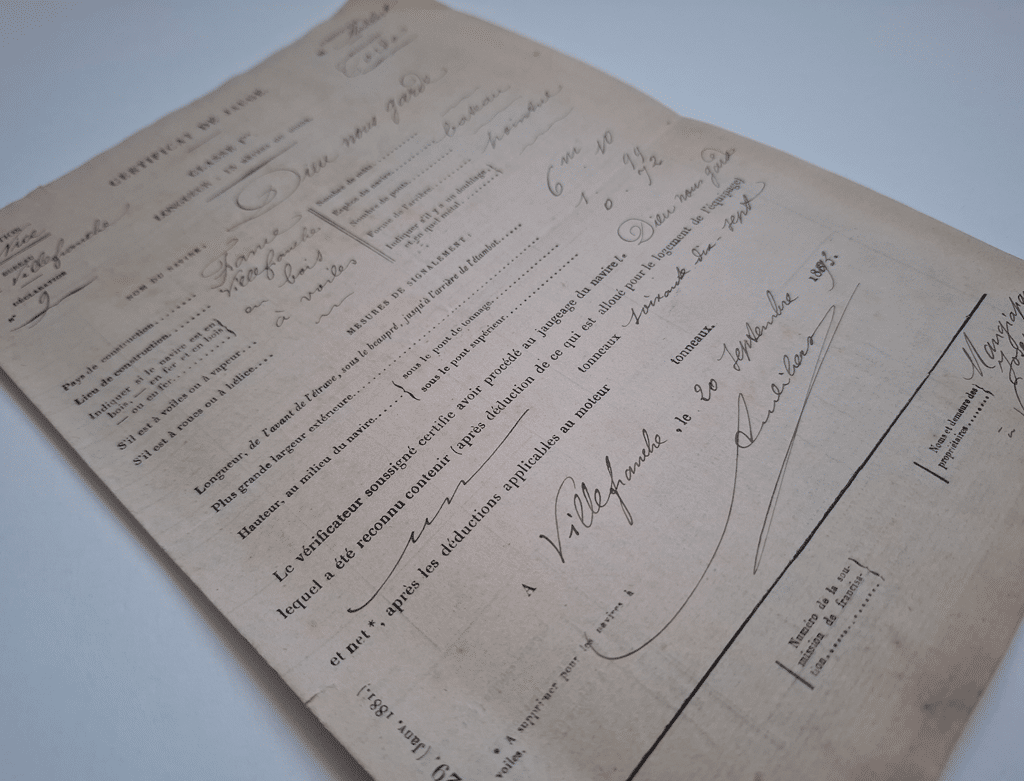 French tonnage certificate from 1893
