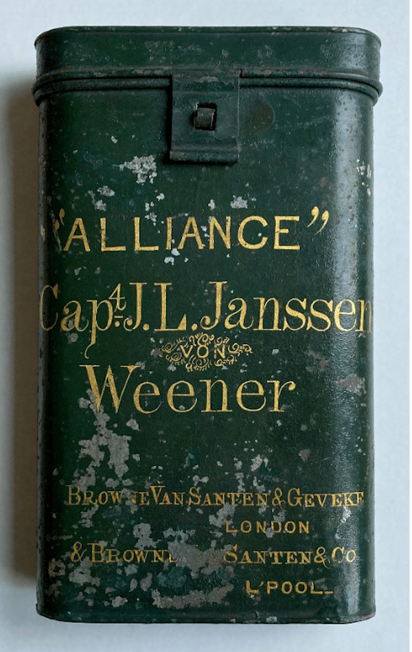 Tin canister for ship documents of the ship Alliance, captain J. L. Janssen, Weener