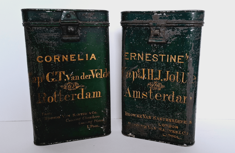 Two 19th-century tin canisters for ship documents, for the ships Cornelia and Ernestine