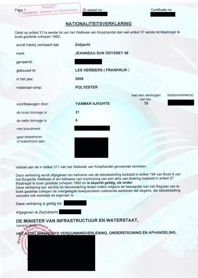 Example of a Declaration of Nationality, with personal details blacked out