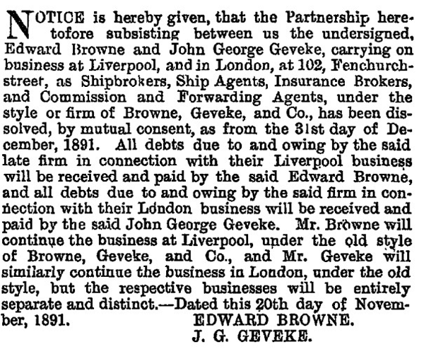 Notice of the end of the partnership between Edward Browne and John George Geveke, 1891