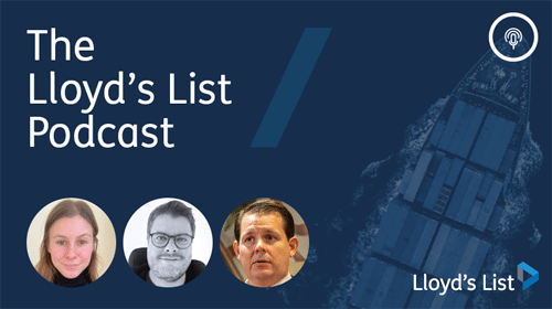 Cover image of the Lloyd's List podcast about false flags, with three speakers