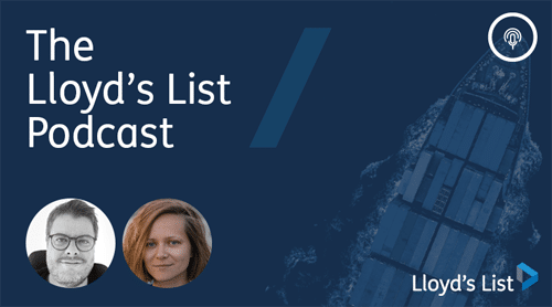 Cover image of the Lloyd's List podcast about false flags, with two speakers