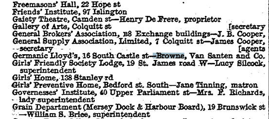 Directory entry: Germanic Lloyd's at 16 South Castle Street, with Browne, Van Santen and Co.