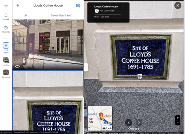 Plaque marking the site of Lloyd's Coffee House, 1691 to 1785