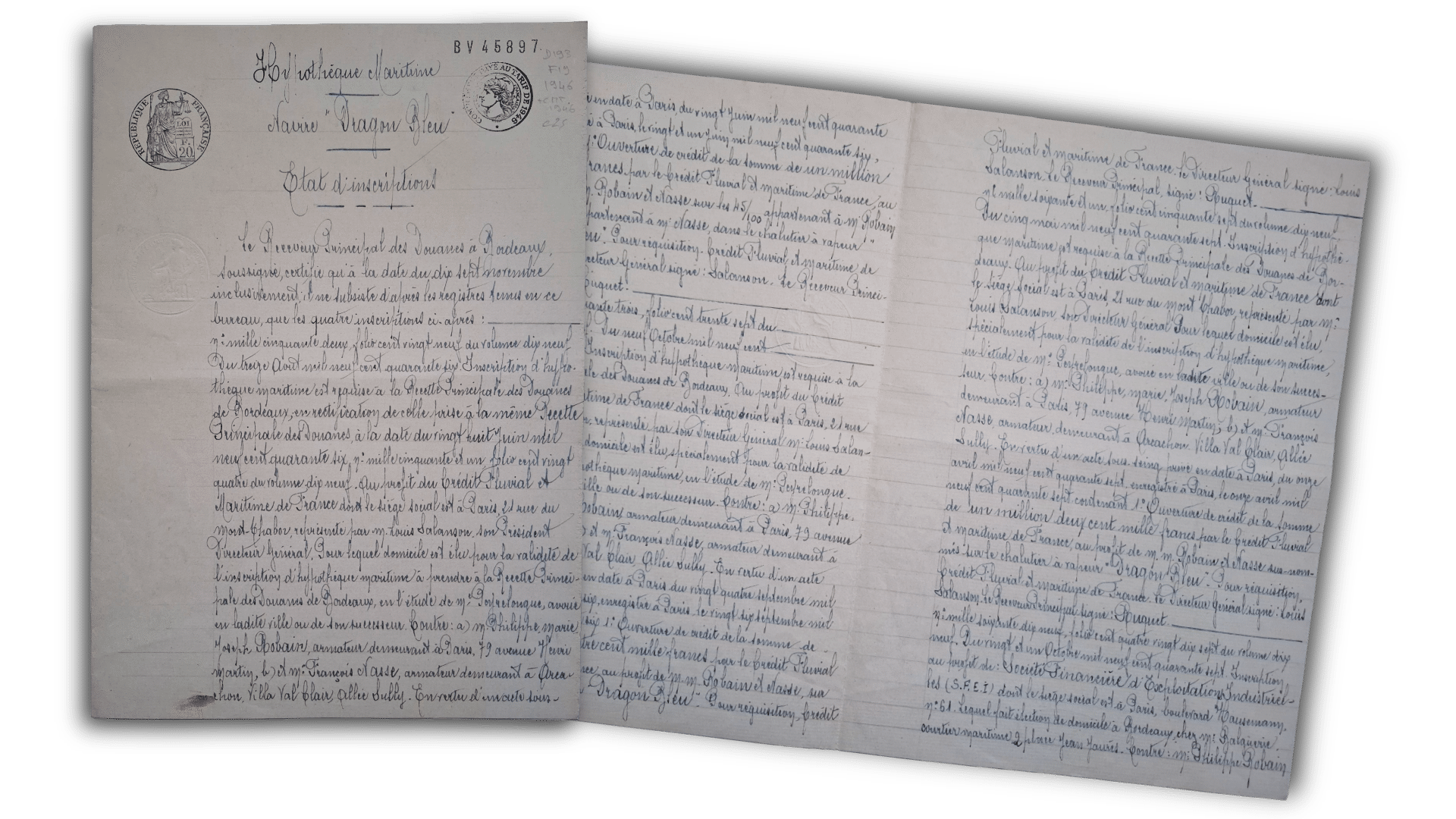 Handwritten pages from the French maritime mortgage register for the trawler Dragon Bleu