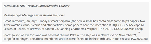 Newspaper report from the NRC about ship papers of the Jantje Goossens found at Great Yarmouth (English translation)