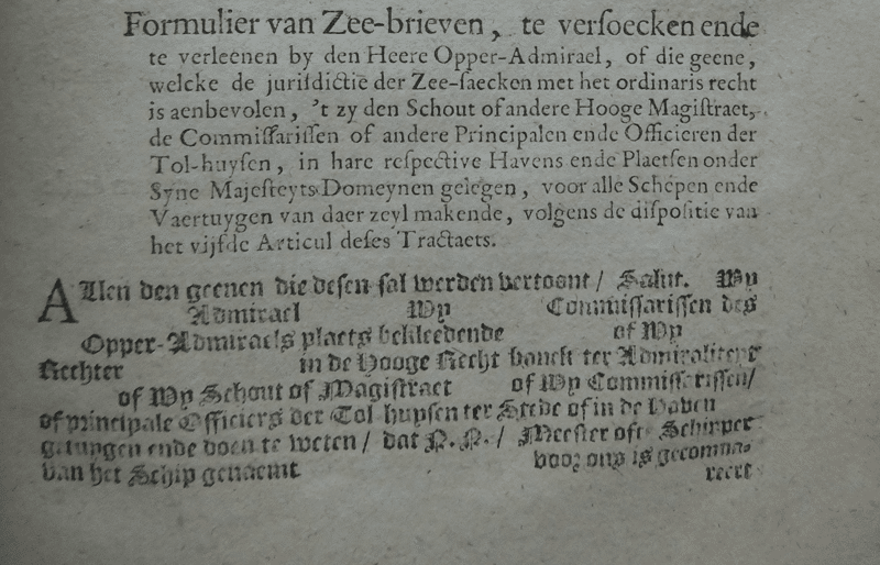 Page 14 of the Marine Treaty of 1674, with the form for sea letters