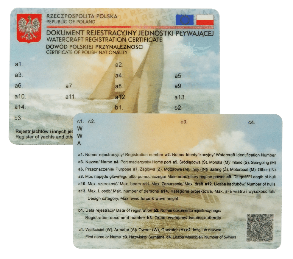 Front and back of the Polish yacht registration document