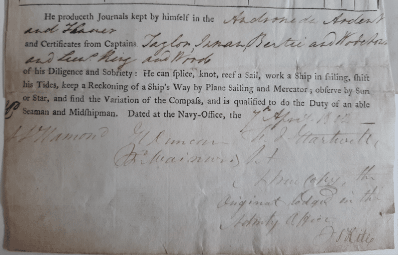 Detail of the mariner's certificate with text and signatures from the Navy Office