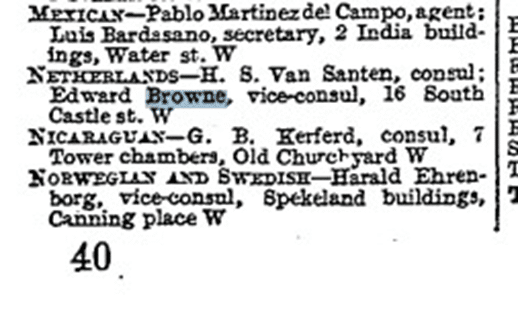 Directory entry: H. S. van Santen, consul, and Edward Browne, vice-consul of the Netherlands