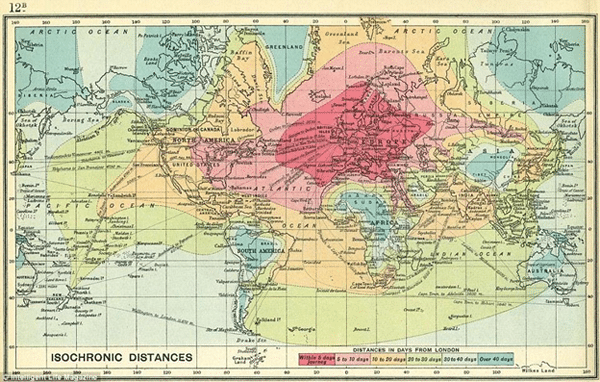 Isochronic world map showing travel times