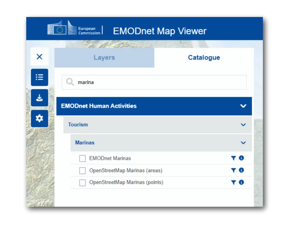 EMODnet Map Viewer catalogue with the Marinas layers under Human Activities and Tourism